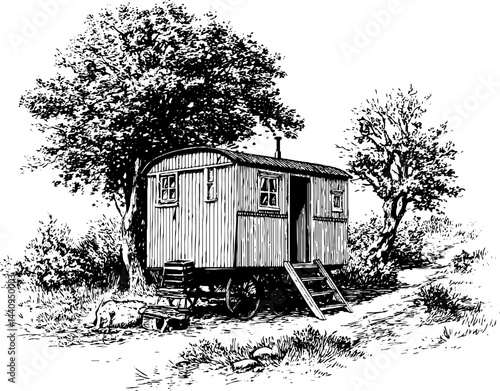 Engraved rural landscape featuring a traditional shepherd's hut amongst trees