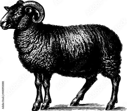 Detailed engraved illustration of ewe in black bold lines for design and decoration