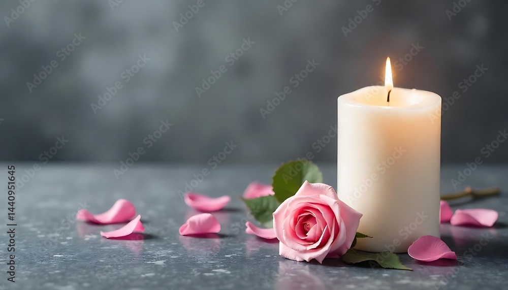 Fototapeta premium White candle with a rose and flower petals on grey stone panoramic background with copy space, funeral services web banner, created with generative ai