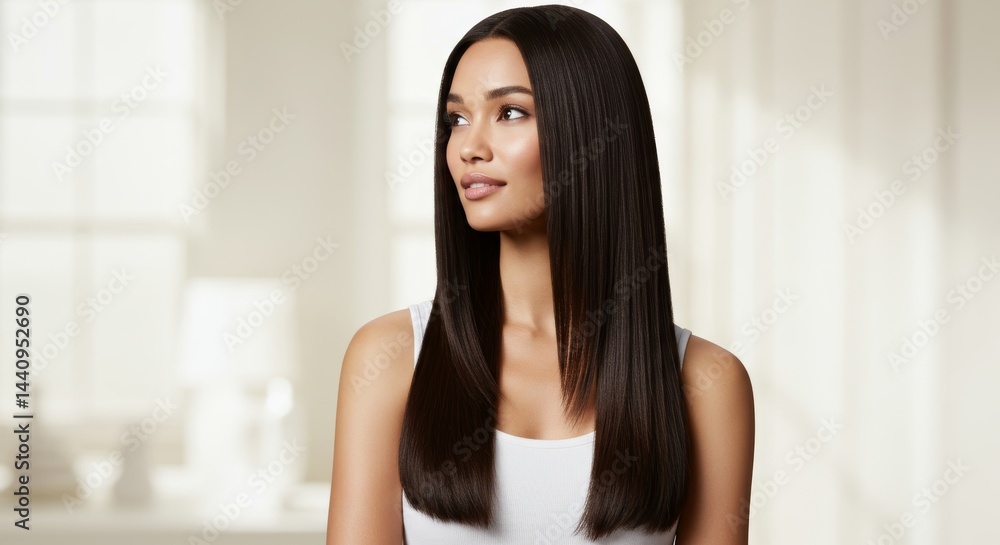 Naklejka premium Attractive young woman with long, straight, shiny black hair looking left on light, slightly blurred background. Hair care, hair beauty, hair health
