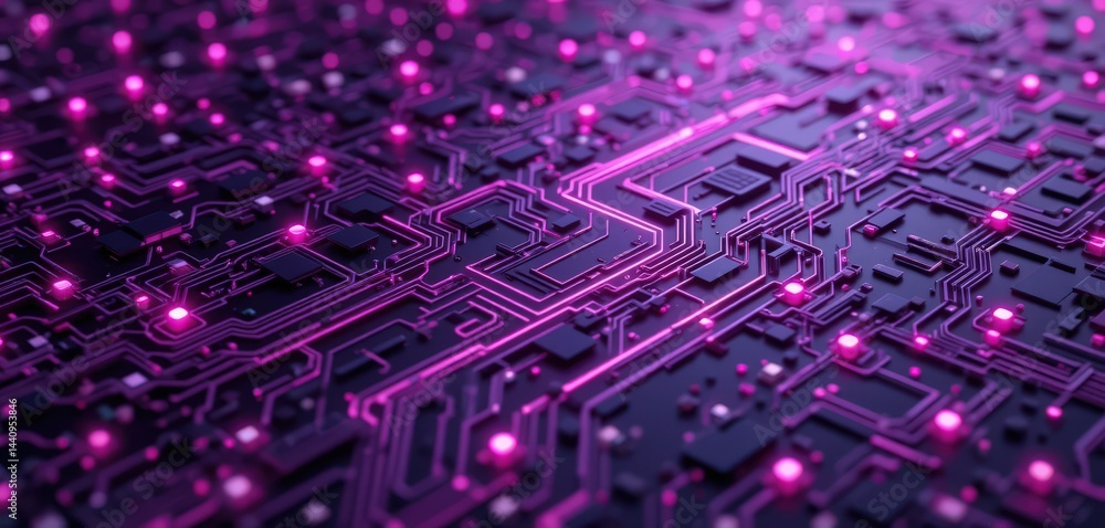 Obraz premium Glowing pink neon circuits on futuristic motherboard surface in dark environment.