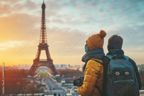 Tourists enjoy a beautiful sunset at the Eiffel Tower in Paris while capturing the moment with a camera, Tourists watching the sunset against the backdrop of the Eiffel Tower in Paris