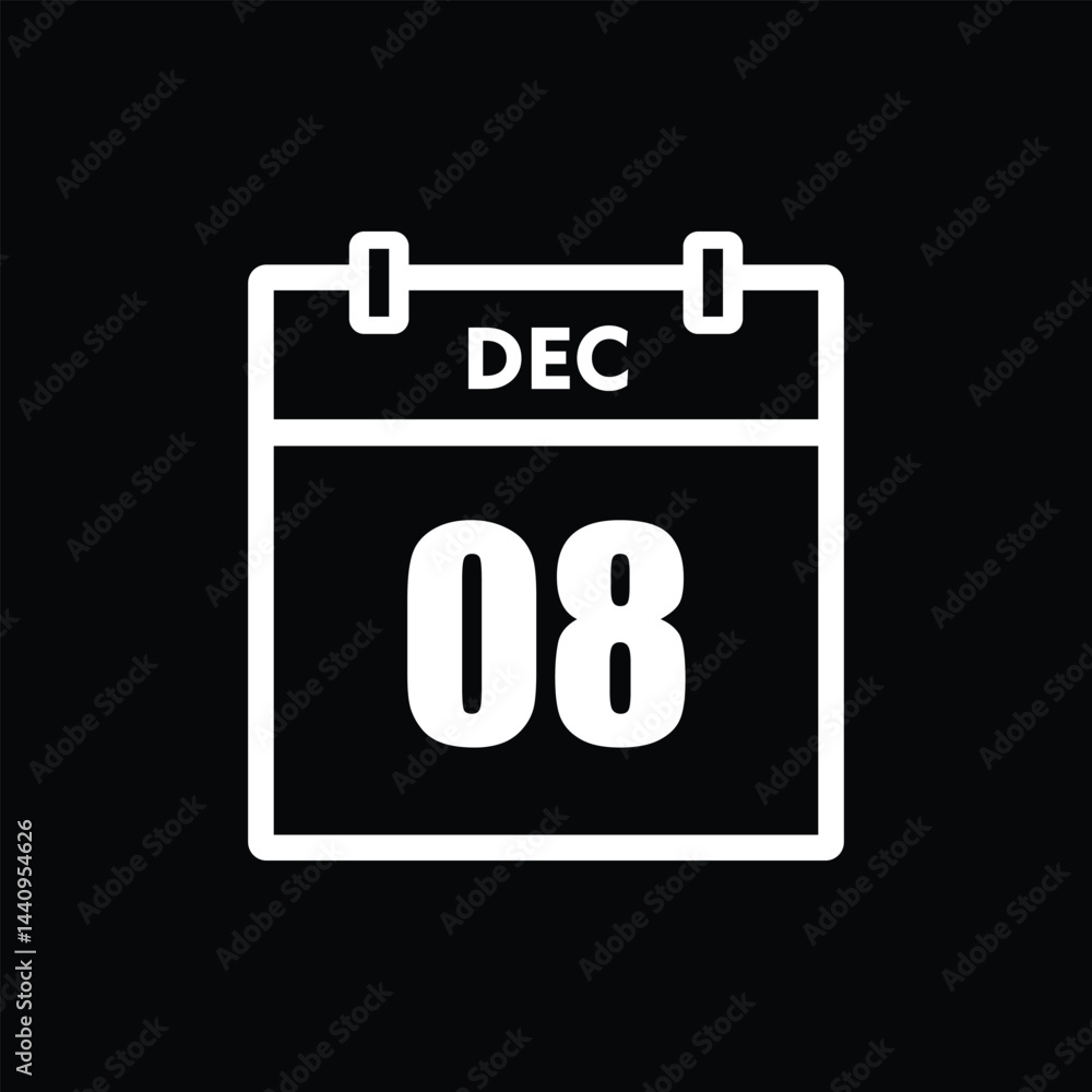 calender icon, 08 december icon with black background calender icon, 08 december icon with black background