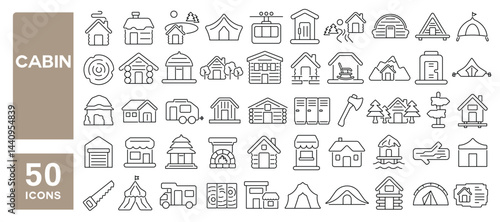 Set of 50 line icons related to cabin, hut, timber, wooden cabin, tent, chalet, rustic, stovepipe, cozy, cottage, Editable stroke. Vector illustration