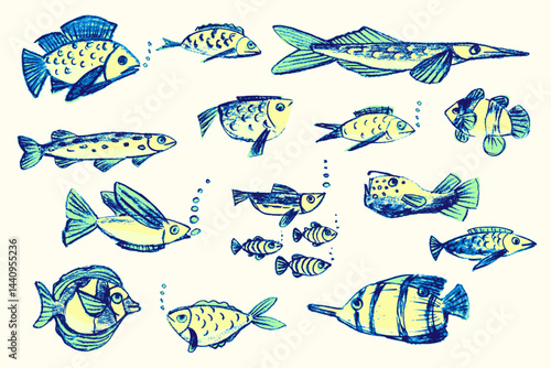 Crayon hand drawn set of various fishes. Doodle shapes in yellow. green and blue. Cute sea pattern. Marine kids school background. Chalk sketch elements on white background. Vector illustrations