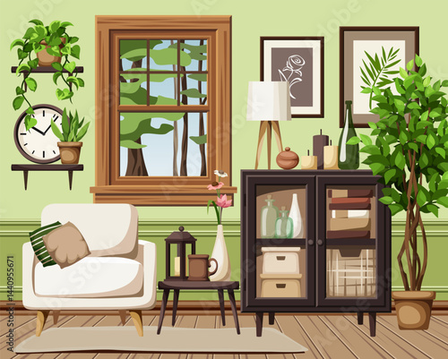 Living room interior with green walls, a white armchair, a cabinet, a window, and houseplants. Cozy room interior design. Cartoon vector illustration