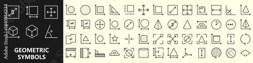 Geometric symbols collection. Vector set of linear geometry icons. Dimension, area and perimeter measure concept. Square, perimeter, distance and diameter icons.