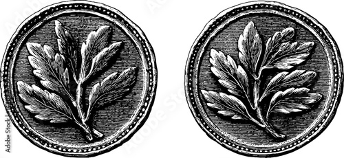 Roman coin and laurel engraving illustration set for historical design