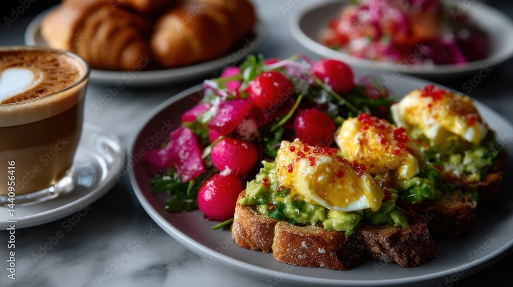Delicious breakfast with avocado toast, soft boiled eggs, colorful radish salad, croissants, coffee, and healthy fruit salad Delicious breakfast with avocado toast, soft boiled eggs, colorful radish salad, croissants, coffee, and healthy fruit salad