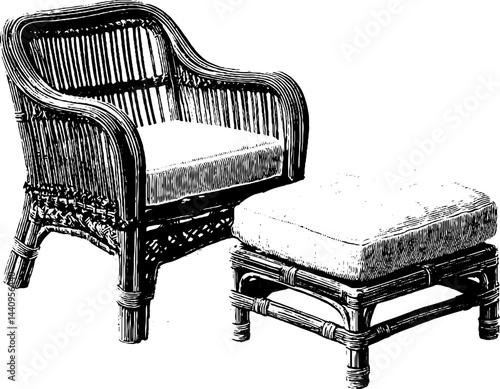 Vintage cane chair and embroidered cushion set design for interiors