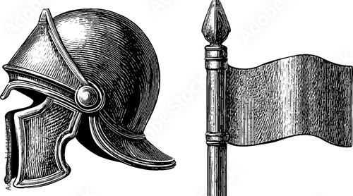 Engraved illustration of centurion helmet and banner for historical designs