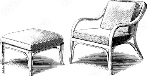 Vintage cane chair and ottoman engraving set for decorative design