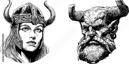 Mythical figures engraving: valkyrie and draugr set for fantasy artwork