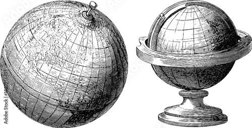 Vintage engraved globe and atlas illustration for historical design projects