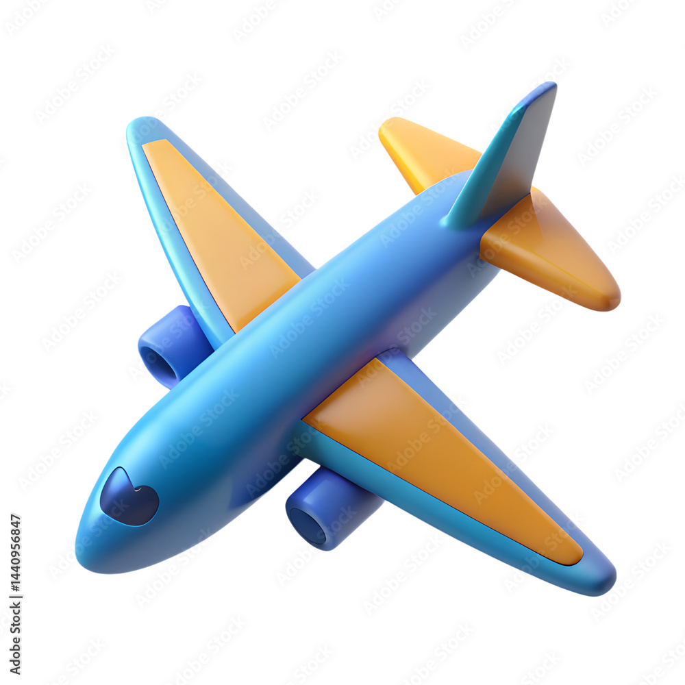 Naklejka premium Blue and yellow airplane high quality 3d rendering icon ready for travel land transportation isolated background