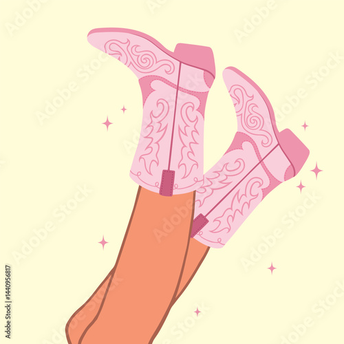 Female legs in cowboy boots and phrase Long live Cowgirl. Cowboy girl wears boots with disco ball. Wild west theme.
