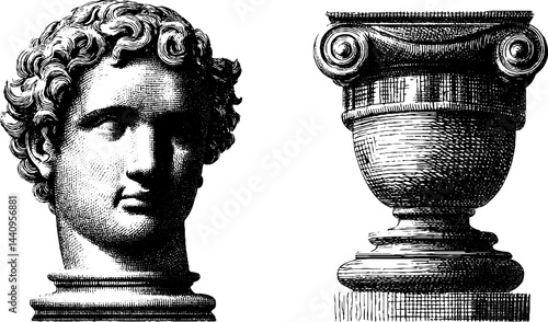 Classical art engraved illustation with colorful pillar and bust