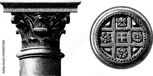 Engraved architectural elements: atrium column and ceiling ornamentation design