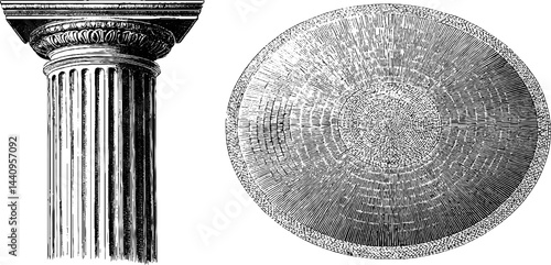 Intricate engraving of atrium column and ceiling design for architectural inspiration