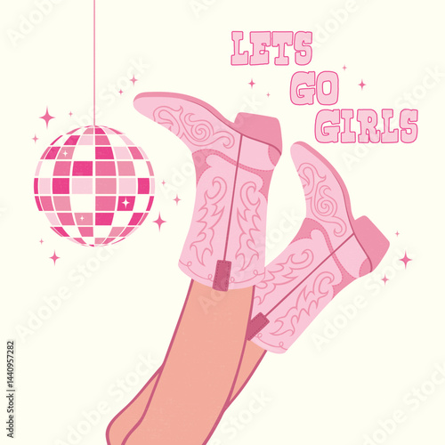 Female legs in cowboy boots and phrase Long live Cowgirl. Cowboy girl wears boots with disco ball. Wild west theme. Vector Western cowboy party poster, banner or invitation.
