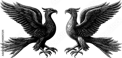 Engraved illustration of majestic phoenix and firebird for mythological designs