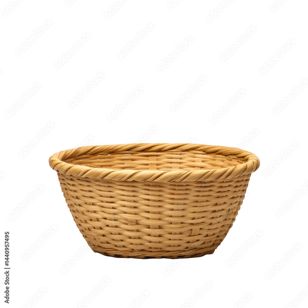 Woven wicker basket, empty container isolated on transparent background Woven wicker basket, empty container isolated on transparent background