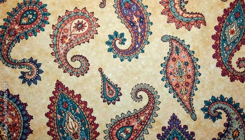 Subtle paisley print on aged linen fabric, muted tones, home decor, muted