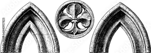 Gothic architecture elements featuring pointed arch and trefoil design for historical study