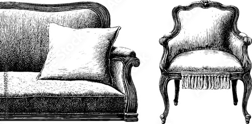 Vintage furniture engravings set featuring classic settee and french chair design