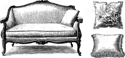 Vintage french settee and decorative cushions engraved illustration for antique furniture design
