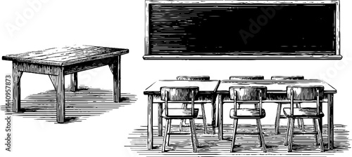 Vintage engraving of classroom elements with blackboard and desks for educational themes