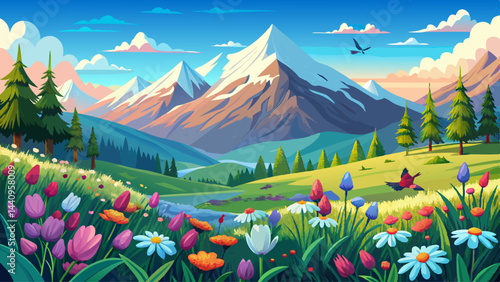 Golden sunlight spills over emerald meadows.
Bright blossoms sway beneath ancient mountain peaks.
Cool streams weave silver ribbons through the grass.
Nature smiles in its full springtime glory.