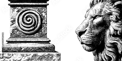 Engraved obelisk base and stone lion head - architectural and animal art design