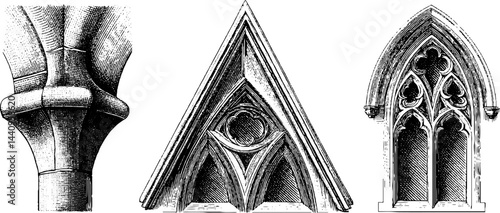 Architectural elements: engraved illustrations of flying buttress and gothic windows