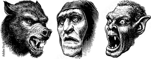 Engraved illustration of werewolf and vampire set for halloween design