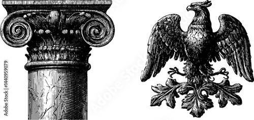 Engraved roman banner and eagle illustration for historical design