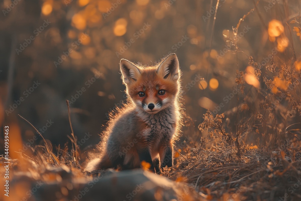 Naklejka premium Fox cub in warm sunset light among golden foliage showcasing youthful curiosity, Red fox Vulpes vulpes A fox cub in the sunset light Beautiful background Slow motion