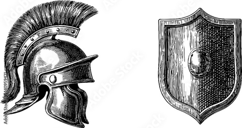 Engraved roman helmet and shield illustration for historical design
