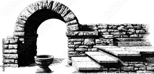 Ancient architectural elements with engraved stone arch and steps illustration