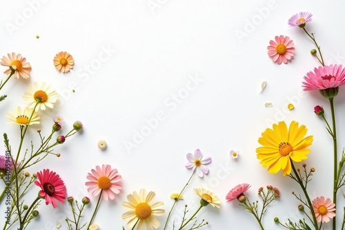 Delicate, scattered wildflowers on white background, green, simple, spring