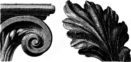Engraved illustration set featuring fresco brush and mura design elements