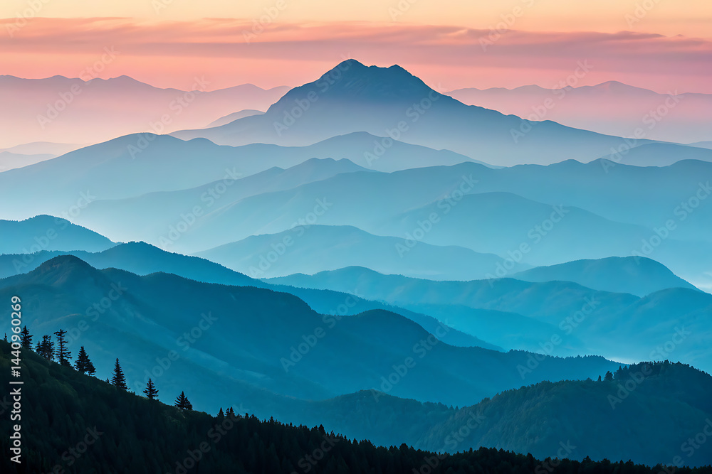 Serene sunset hues create a breathtaking panorama of rolling hills and mountains, forming a tranquil landscape bathed in soft pastel light.