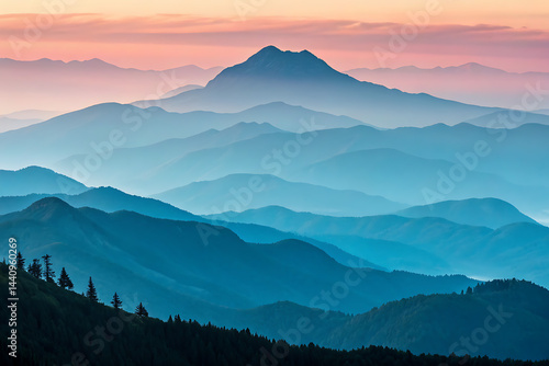 Obraz na płótnie Serene sunset hues create a breathtaking panorama of rolling hills and mountains, forming a tranquil landscape bathed in soft pastel light.
w salonie