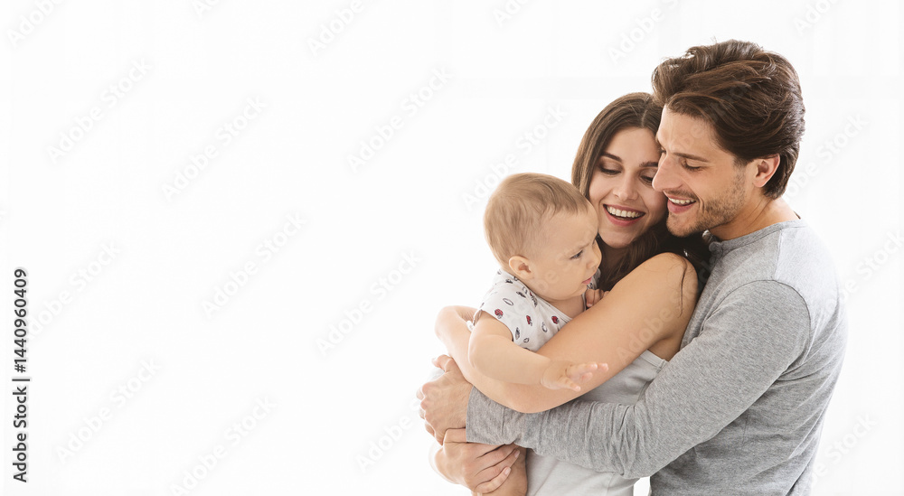 Perfect life. Adorable millennial family embracing, white panorama with empty space Perfect life. Adorable millennial family embracing, white panorama with empty space