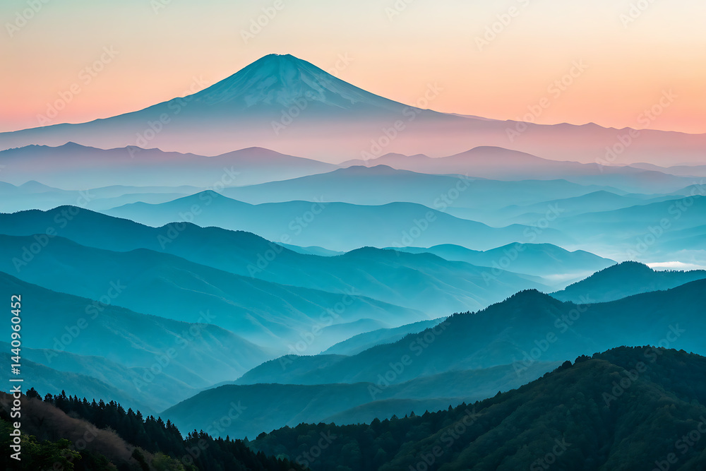 Serene sunset hues create a breathtaking panorama of rolling hills and mountains, forming a tranquil landscape bathed in soft pastel light.