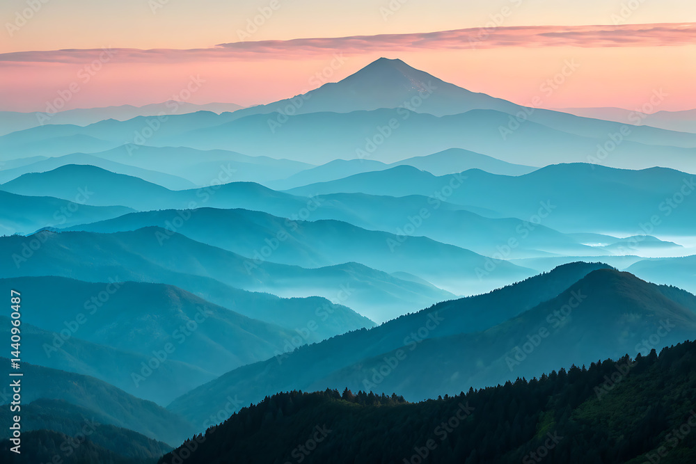 Serene sunset hues create a breathtaking panorama of rolling hills and mountains, forming a tranquil landscape bathed in soft pastel light.