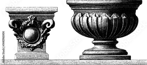 Antique engraved illustration of stone rosette and urn design for decorative elements