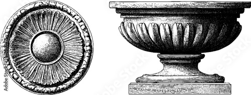 Engraved illustration set featuring stone rosette and urn for historical design projects