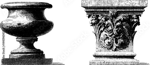 Intricate engraved illustration of stone rosette and urn for classic design inspiration