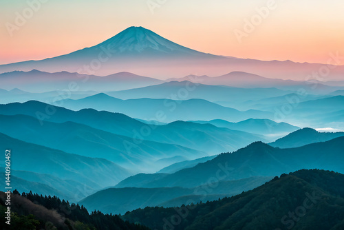 Obraz na płótnie Serene sunset hues create a breathtaking panorama of rolling hills and mountains, forming a tranquil landscape bathed in soft pastel light.
w salonie